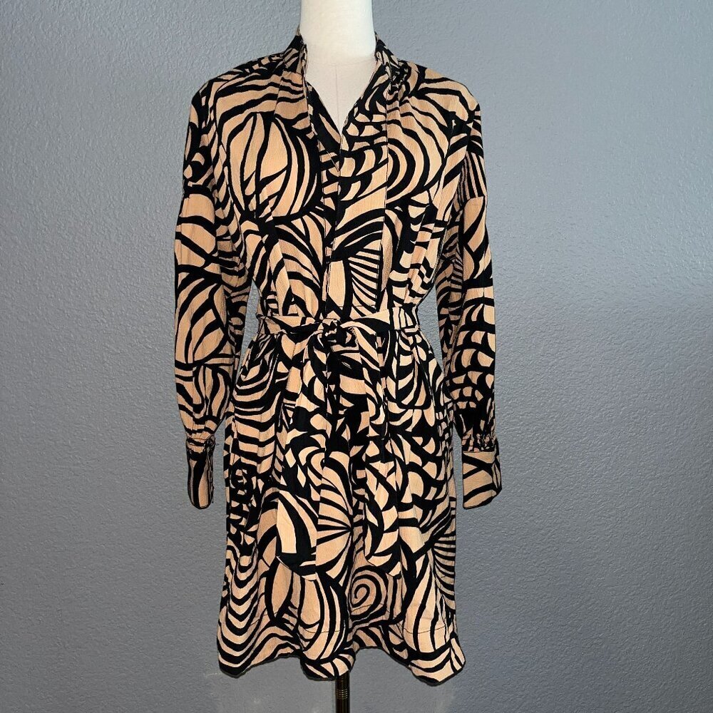 ANTHROPOLOGIE LONG SLEEVE PRINTED SHIRT TAIL BELTED TUNIC MINI DRESS -EUC- SMALL